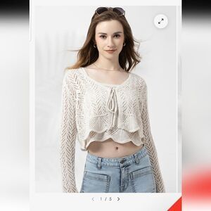 FRYE Open Knit Pointelle Ruffle Cardigan CREAM NWT